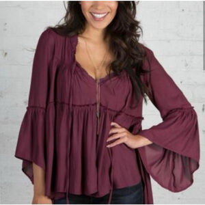 Free People XS Maroon A Few of My Favorite Things Boho Bell Sleeve Blouse